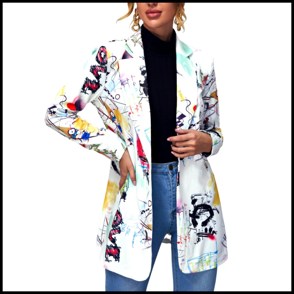 Long Sleeve Graphic Print Blazer With Padded Shoulders For Work & Casual